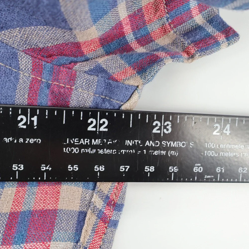 J. Crew Linen Blend Short Sleeve Button Down Shirt Blue Plaid Slim Fit Mens L - Picture 6 of 8